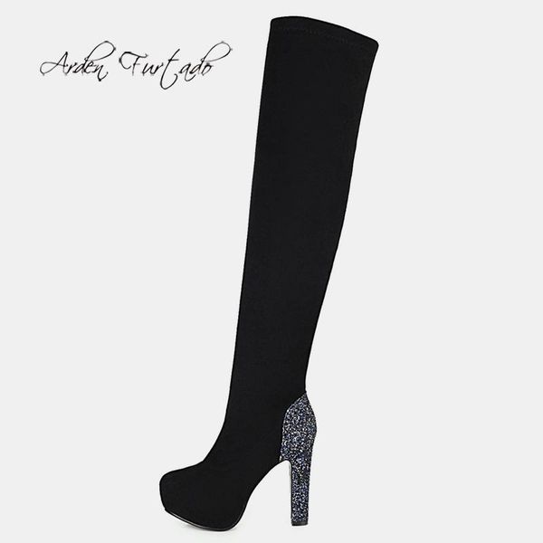 

boots arden furtado 2021 winter round head chunky heels nylon black waterproof taiwan over the knee women's