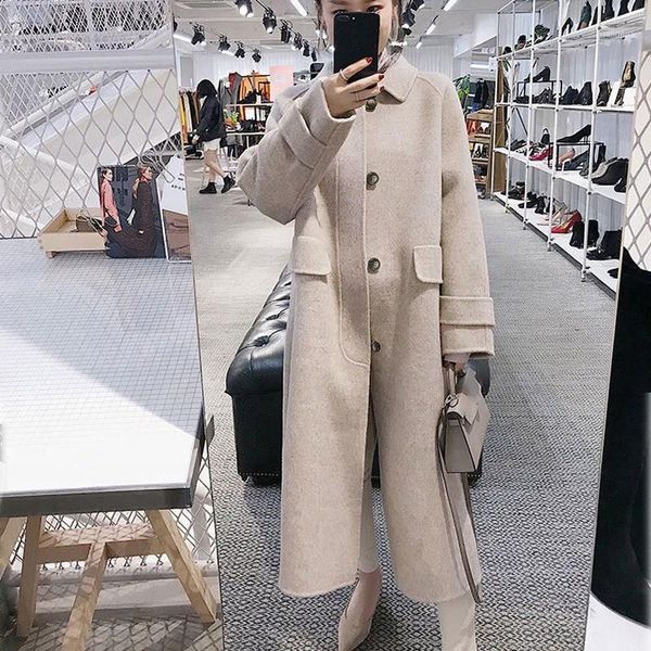 

2019 fashion long wool coat solid batwing long sleeve warm blend coat ladies winter lapel straight woolen outerwear1, Black