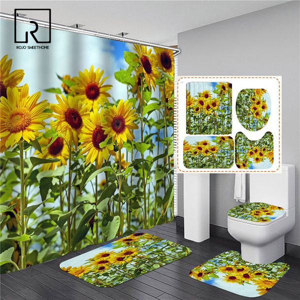 

3d sunflowers plants printed shower curtain set anti-slip bathroom mat flannel toilet lid cover rug floral decor bathtub screen
