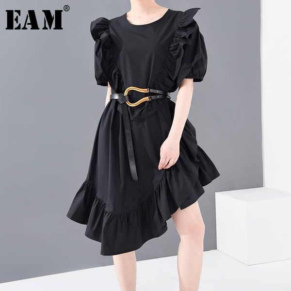 

eam] women black ruffles irregular temperament dress new round neck short sleeve loose fit fashion spring summer 2020 1u387011, White;black