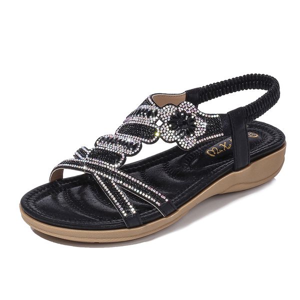 

flower rhinestone wild flat-bottom large size sandals wedge round head increase women's shoes breathable woman shoes rome, Black