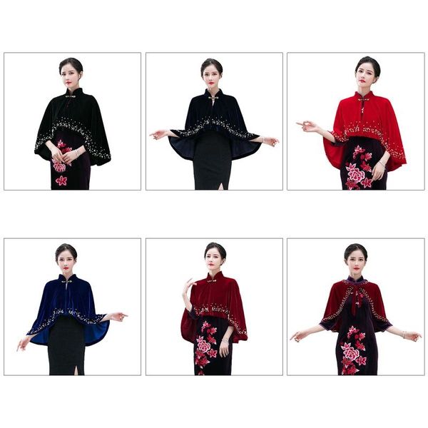 

women autumn vintage velvet shawl wrap stand collar imitation pearl beading evening cape cover up elegant wedding party bolero s, Blue;purple