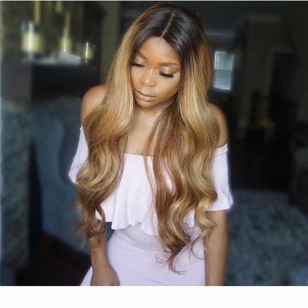 

brazilian ombre full lace 1b 27 wigs 130-180 density body wave long hair lace front wig with bleached knots part hair, Black;brown