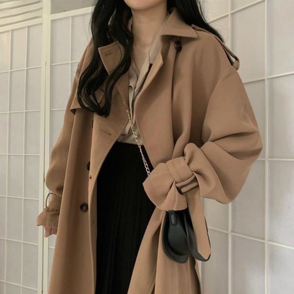 

trench coats women khaki winter outerwear elegant loose womens long coats leisure brithsh style retro streetwear solid fashion 201103, Tan;black