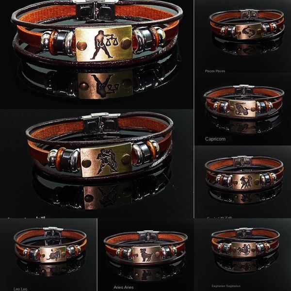 

rjmhc hand woven beaded cowhide kqxo3 stainless steel clasp 12 constellations leather beaded leather bracelet bracelet yiwu gift with jewelr, Golden;silver