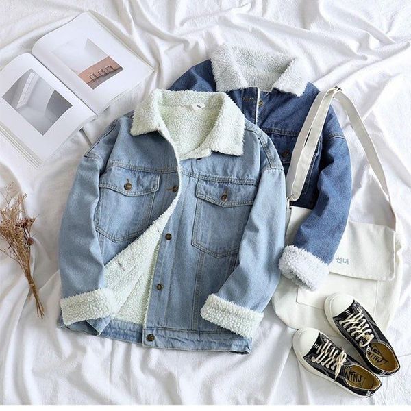 

autumn winter fur denim jacket women bomber jacket long sleeve washed blue jeans coat warm lining front button, Black;brown