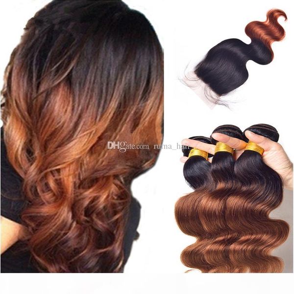 

ombre color 1b 33 human hair bundles with lace closure 4pcs lot dark root brown 3bundles with closure for black woman, Black;brown
