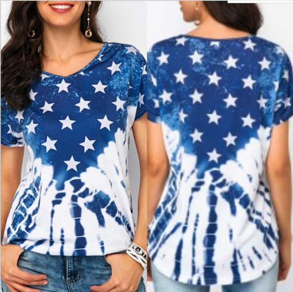 

women's fashion casual tie-dye gradient pentagram print bat sleeve v-neck short sleeve t-shirt pullover large size women t-shirt1, White