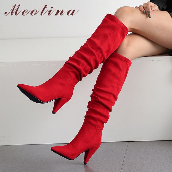 

meotina winter knee high boots women pleated spike heels long boots pointed toe super high heel shoes ladies fall red size 34-43 y200723, Black