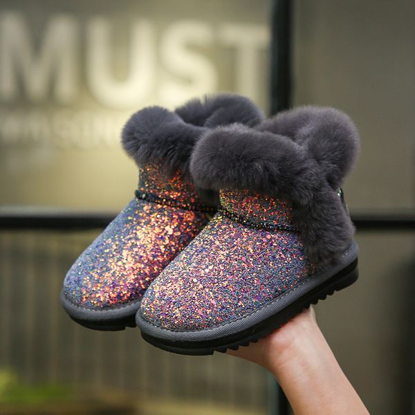 

kid genuine leather children snow girl rabbit fur fashion boot baby cotton sport shoes sequins princess warm boat toddler, Black