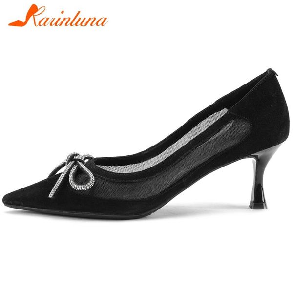 

karin new ladies high heel pumps comfort genuine leather suede pumps women office summer breathable mesh shoes woman, Black