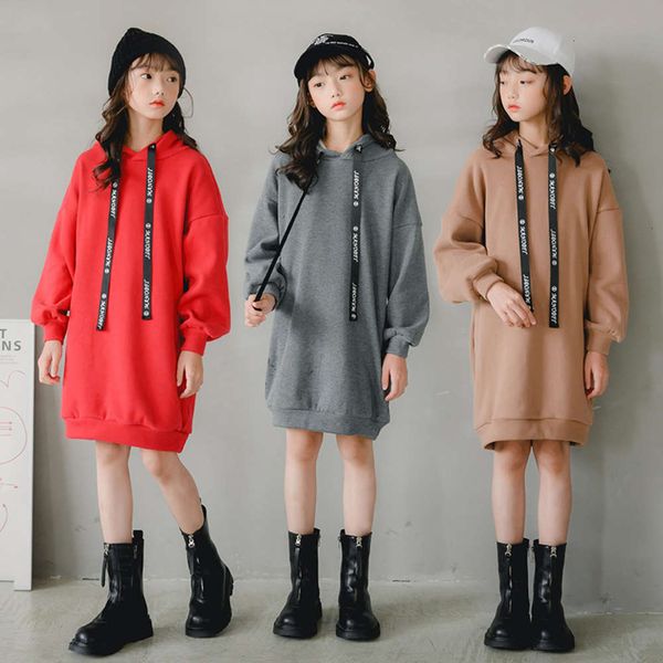 

hooded girls' plush winter 2020 new long skirt middle and large children's loose korean warm drs vqq1, Red;yellow