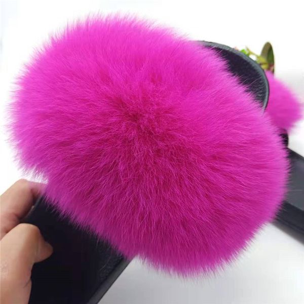 

women fluffy slippers real fox fur slides indoor flip flops casual shoes woman raccoon fur sandals vogue plush shoes big size 45 y200706, Black