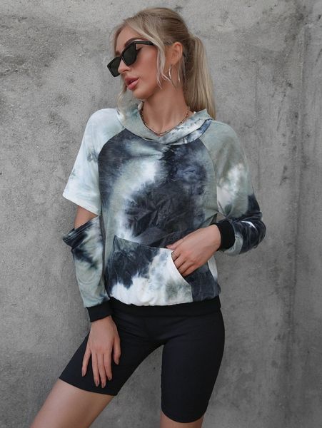 

tie dye kangaroo pocket cut out raglan sleeve hoodie g5qe#, White;black