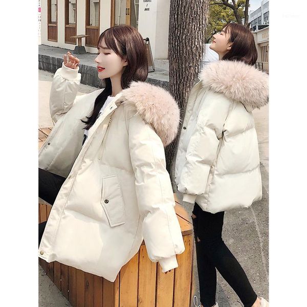 

women winter 2021 new big artifical fur collar hat korean style loose thickened jacket manteau femme hiver ukraine short parka1, Black