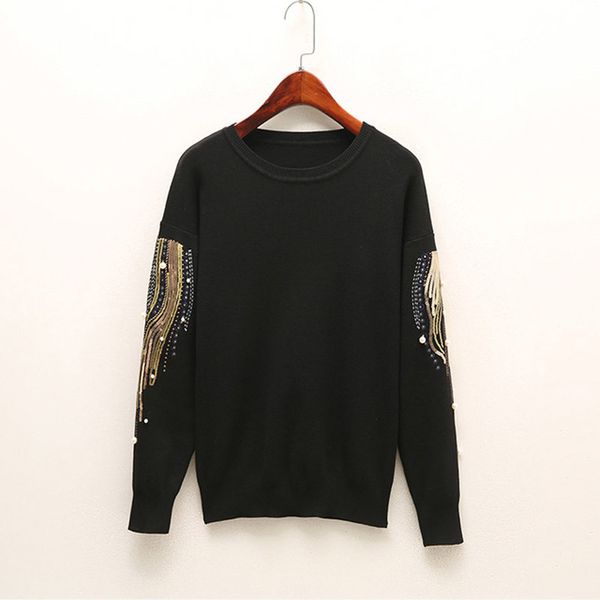 

knitted embroidery beads pearl women's sweater sequined o-neck jersey long sleeve pullovers women spring sweaters woman 3xl 201130, White;black