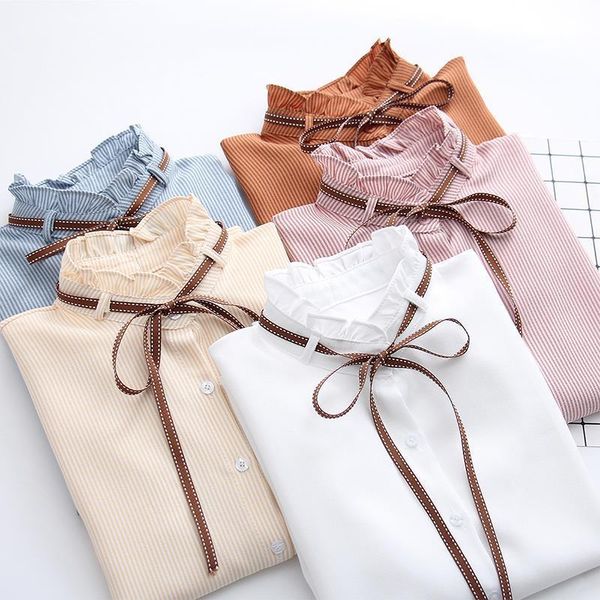 

lism striped shirt women single breasted ruffles turn down collar long sleeve cotton blouses lace up bow feminina sales blouse, White