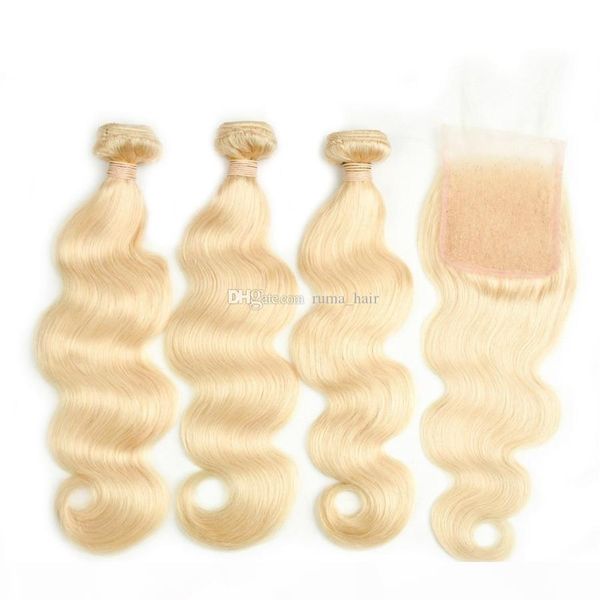 

blonde color body wave ombre brazilian virgin human hair weave extension 3 pcs with 4x4 lace closure #613 blonde bleached knot closure, Black;brown