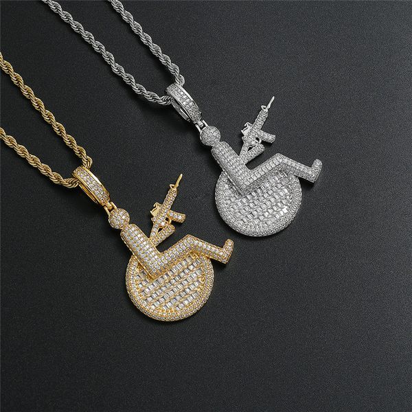 

wheelchair machine gun necklace pendant iced out zircon with rope chain tennis chain for men women, Silver