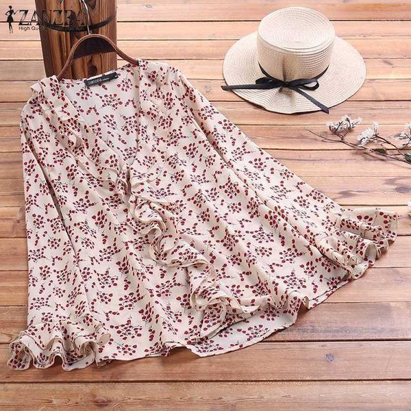 

zanzea 2020 summer spring women blouses shirt long sleeve v neck ruffled floral printed shirts tee vintage tunic plus size1, White