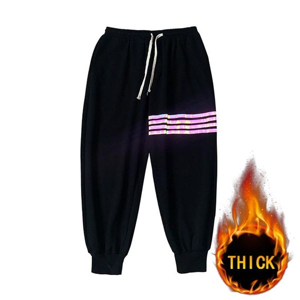 

men's pants winter harajuku hip hop solid color joggers male sweatpants streetwear trousers reflective strip decoration 9-point, Black