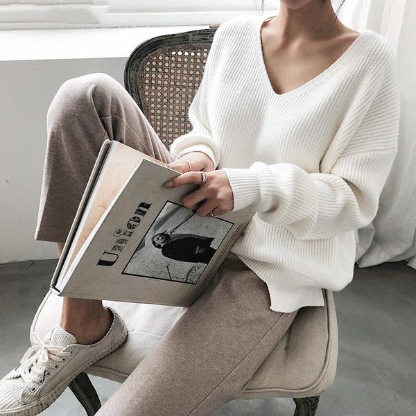 

new 2019 autumn winter women's sweaters v-neck minimalist fashionable irregular hem knitting casual solid1, White;black