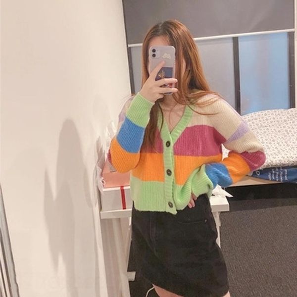 

n92sf v-образный вырез осенью рыхлый корейский новая вялая ветер радуги полоса нового кардиган 2020 женщин 2020 sweaterautumn мода корейская, White;black