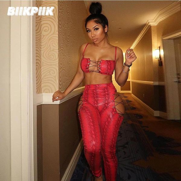 

biikpiik snake print two piece set hollow out drawstring casual lounge wear bodycon clubwear matching sets female suit, Gray