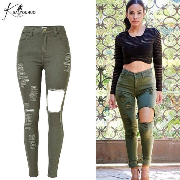 

winter 2019 fashion femme denim jeans high waist army green trousers for women ripped skinny torn jeans pants boyfriend1, Blue