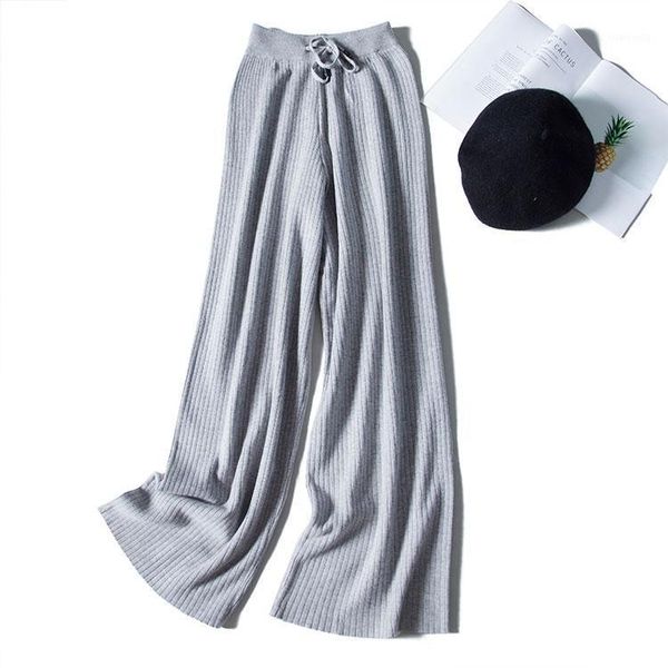 

blend knitted high wide wool leg women's autumn and winter loose casual pants full length elastic waist solid1, Black;white