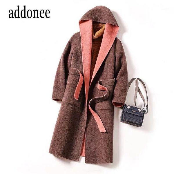 

new hooded handmade alpaca cashmere wool double-faced women female coat young fashion long section belt coat warm1, Black