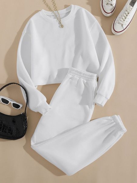 

thermal lined solid sweatshirt with sweatpants t0gs#, White