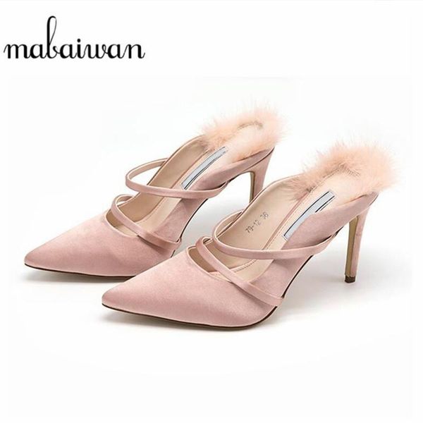 

mabaiwan 2021 spring summer women sandals super high heel fur slippers pointed toe wedding shoes women stiletto slingback pumps, Black