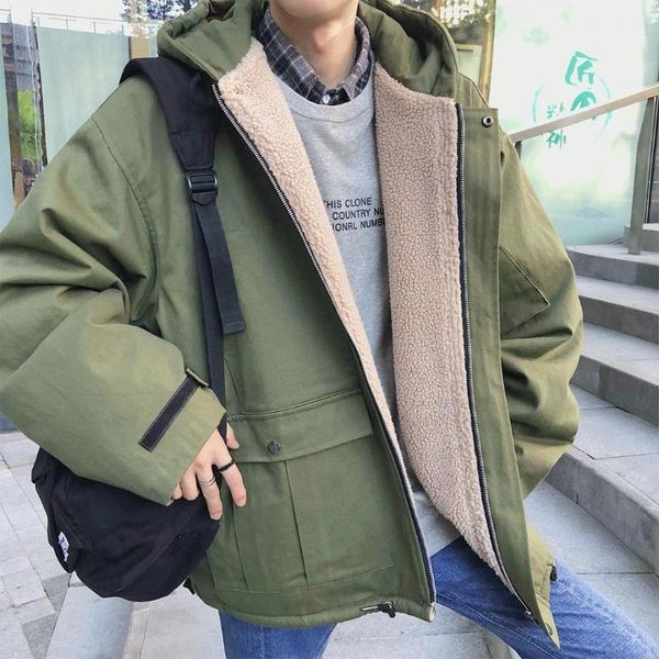 

2018 winter japan style men's brand casual parkas lamb wool coats loose snow jackets in warm cotton-padded clothes size s-xl11, Black