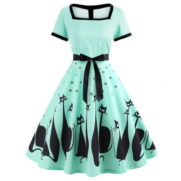 

cat print vintage dress women summer square neck short sleeve a lined dress sweetheart pin up 50s party dresses belt j30, Black;gray