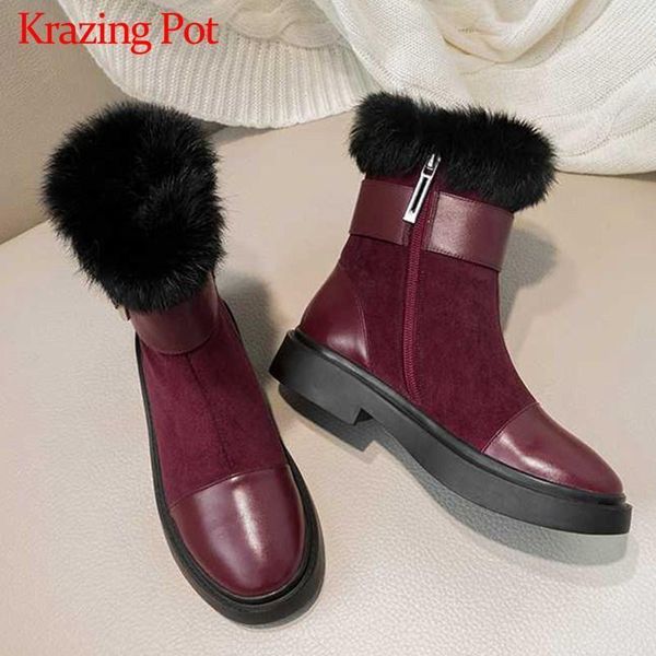 

krazing pot pearl buckle straps cow leather flock boots fur round toe med heels women winter leisure warm cozy ankle boots l6f51, Black