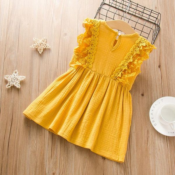 

girl's dresses humor bear summer baby girls cotton clothes llinen lace flying sleeves dress printed kids children girl, Red;yellow