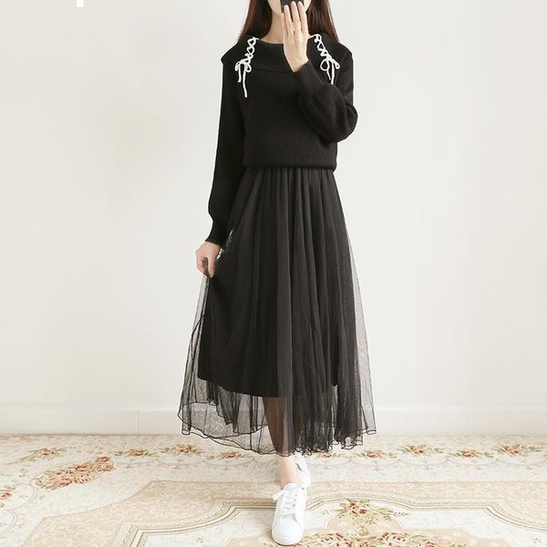 

2021 new beginning autumn retro sweater net thread skirt long suit elegant high 4 colour mesh dress of two parts y467 hsci, Gray