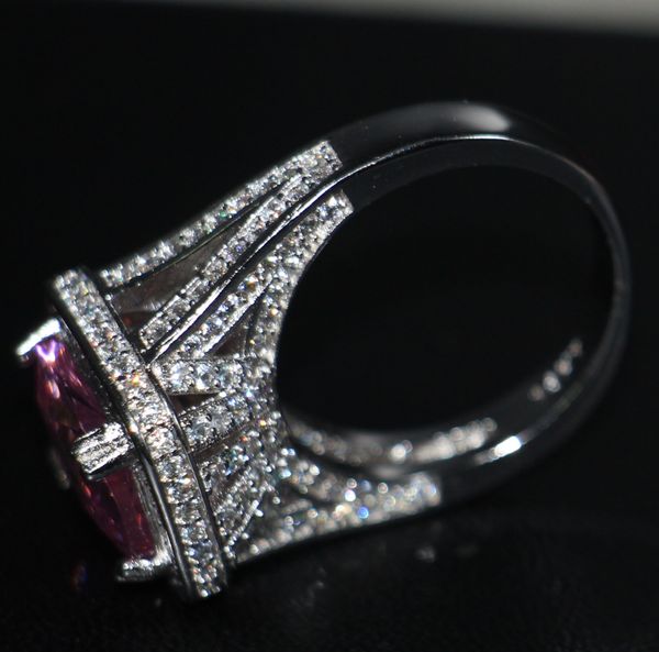 

Top Sell Luxury Jewelry Solitaire 14KT White Gold Filled Cushion Shape Big Pink Sapphire Gemstones Wedding Women Band Ring Gift Size 5-11