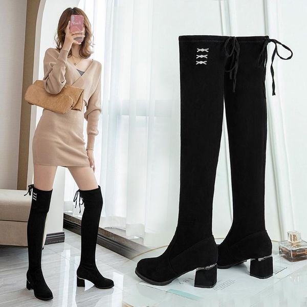 

winter boots lady women shoes autumn booties ladies round toe boots-women thigh high heels high 2020 rubber, Black