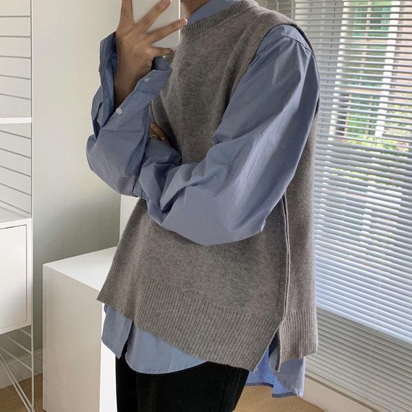 

men's vests autumn korean sweater vest men's warm fashion solid color knitted pullover men streetwear wild loose knitting sweaters, Black;white