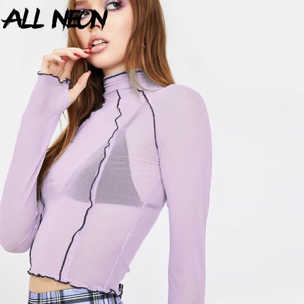 

allneon vintage ruffle hem transparent crop sweet patchwork turtleneck long sleeve with gloves mesh t-shirts e-girl y2k tee1, White