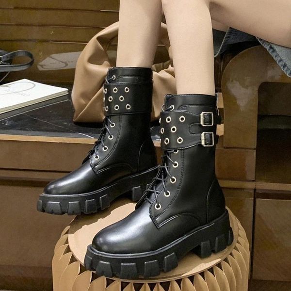 

lucyever black chunky motorcycle boots for women 2020 fashion rivet buckle platform mid calf boots woman punk style shoes female #fj4i