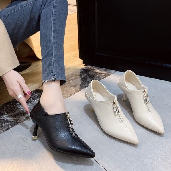 

high heels women 2020 new autumn european and american style pointed single shoes women's stiletto mid-heel two wear, Black