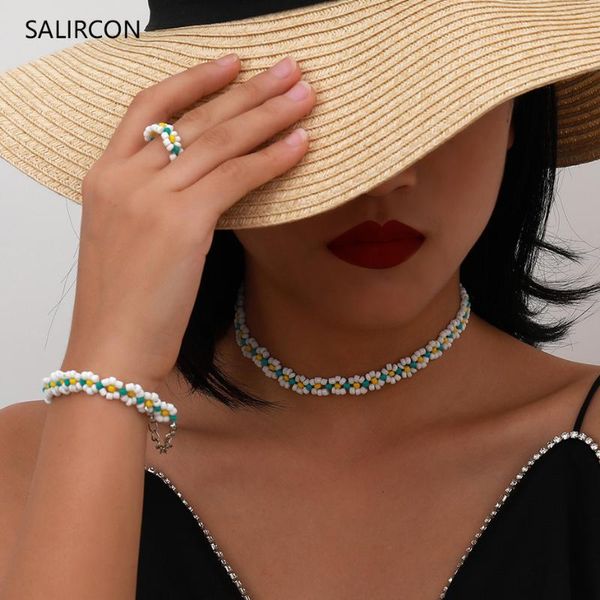 

salircon korean seed beads flower choker necklaces colorful clavicle chain collares fashion short necklace for women jewelry, Golden;silver