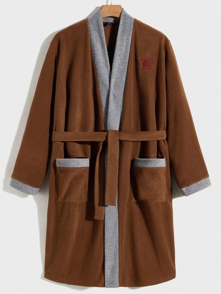 

men contrast trim belted fleece lounge robe e2xg#, Black;brown