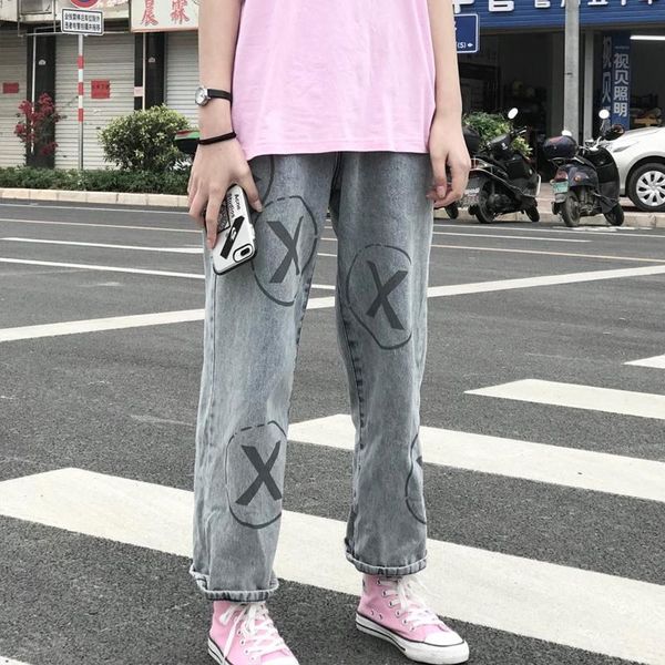 

graffiti denim jeans pants femme 2020 streetwear washed wide leg jeans 2xl plus size woman high waist korean baggy, Blue