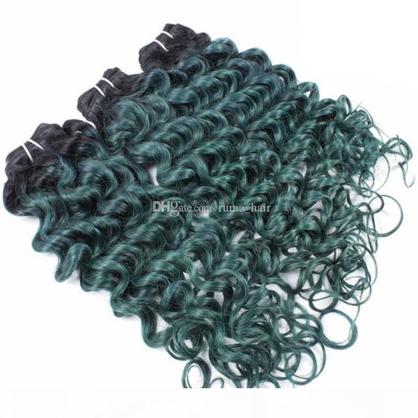 

peruvian virgin human hair bundles two tone 1b green ombre hair weave deep wave curly hair weft 3pcs lot, Black;brown