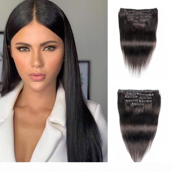 

kisshair natural color clip in hair extension 7 pieces set remy brazilian straight human hair 14-24inch clip on hair extension, Black;brown