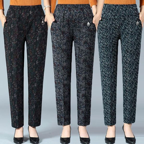 

middle-aged women winter trousers big size loose plus velvet elastic high waist pants print straight pant female casual trousers1, Black;white